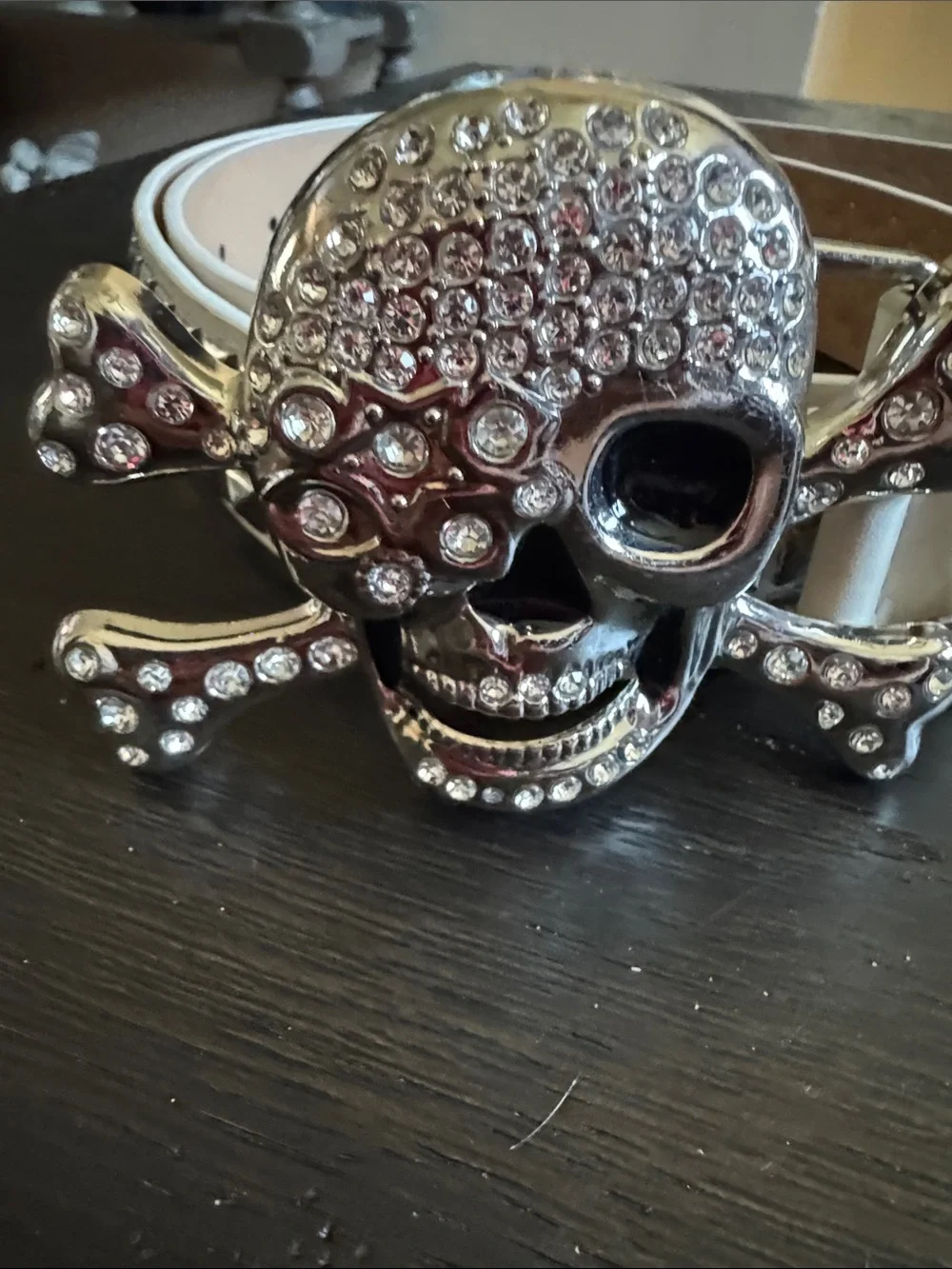 Studded Skull Buckle Belt - Black and White